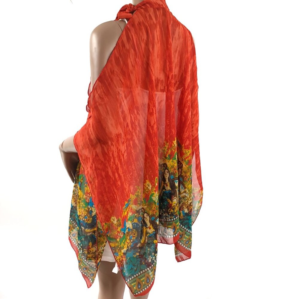 METROSTYLE Coverup Tie Neck Cold Shoulder Boho Print Chiffon Poncho 1 Size - Picture 3 of 5